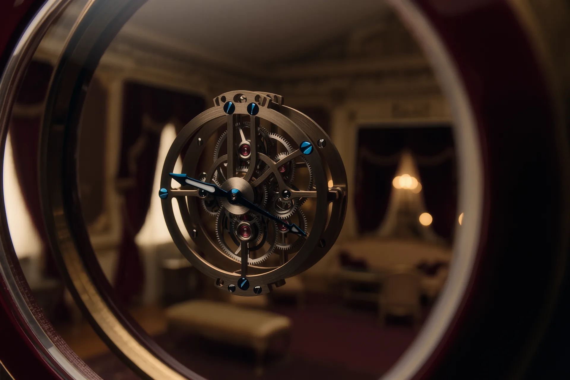 Gros plan macro sur une cage de tourbillon en rotation, ponts polis et vis bleuies.