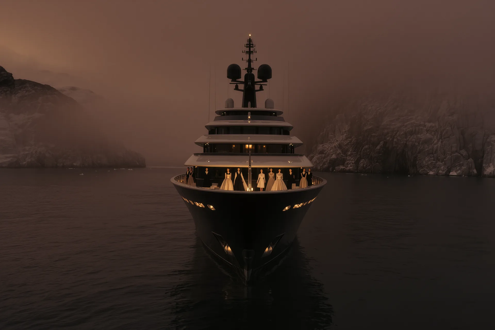 Yacht d'exploration à coque sombre ancré face à un littoral polaire brumeux