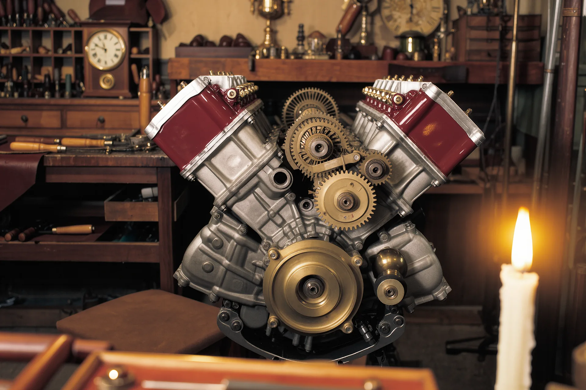 Gros plan sur un moteur atmosphérique ouvert, admission apparente, dans un atelier mécanique feutré