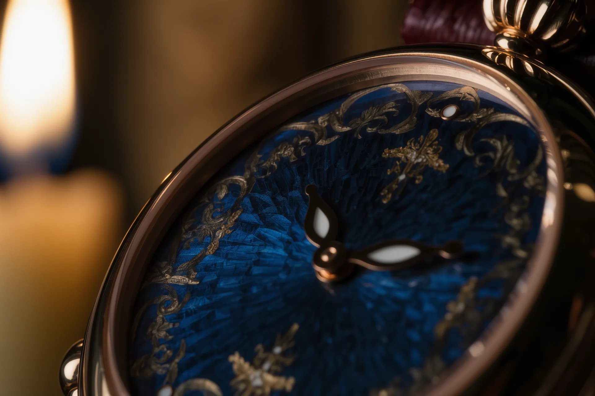Cadran de montre en émail grand feu bleu profond, gros plan macro artisanal.