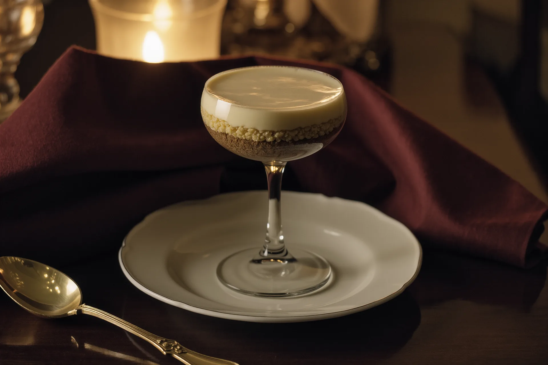 Coupe nette d'un entremets aux couches visibles : biscuit, crémeux, mousse et glaçage brillant.