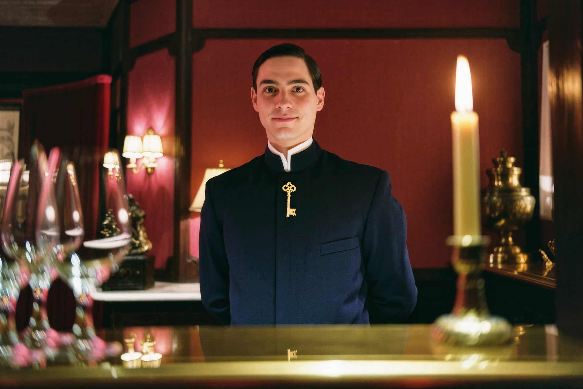 Concierge en uniforme sombre devant un comptoir d'hôtel, insigne à clefs d'or croisées au revers