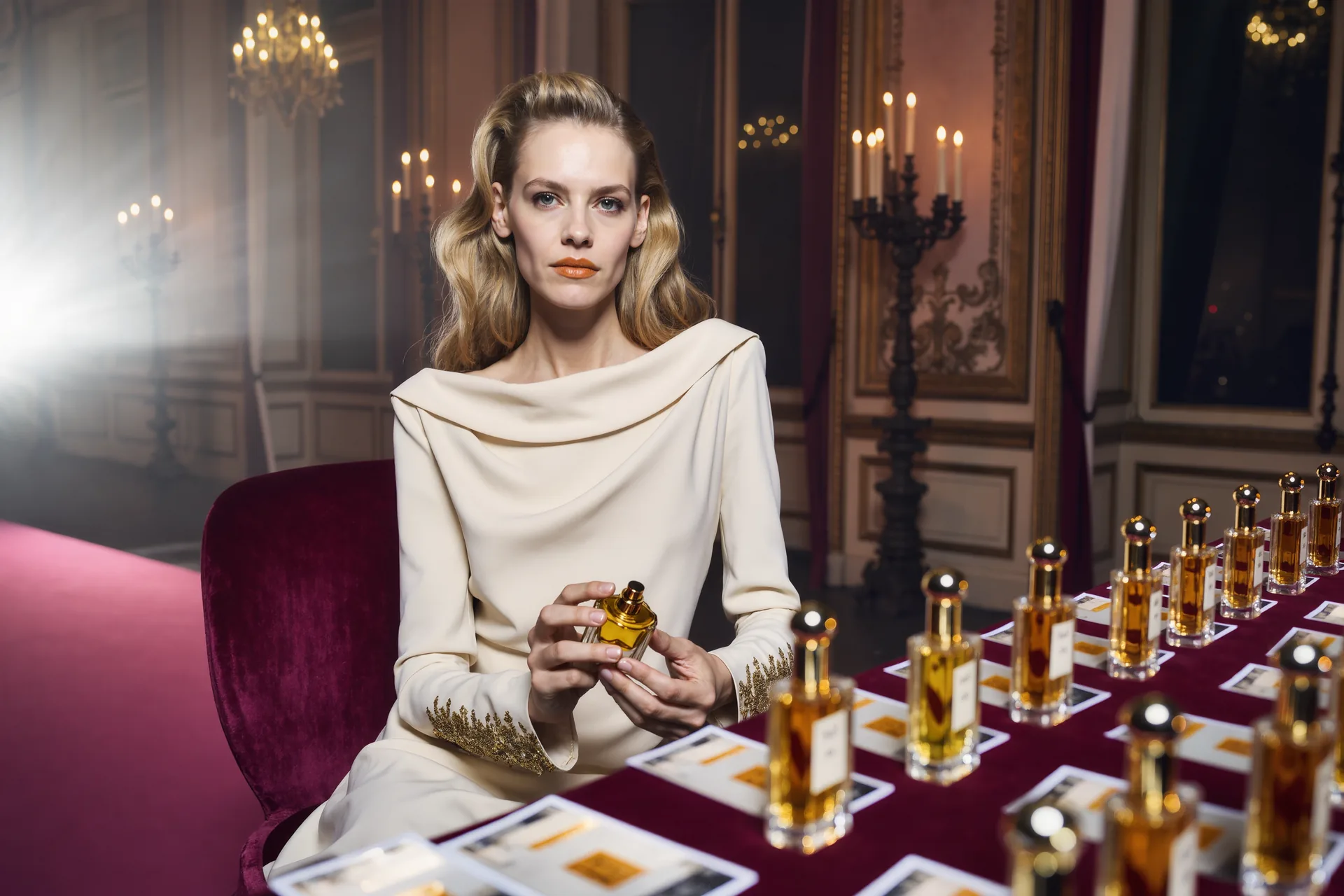 Nuancier de flacons de parfum ambrés et dorés, évoquant les grandes familles olfactives