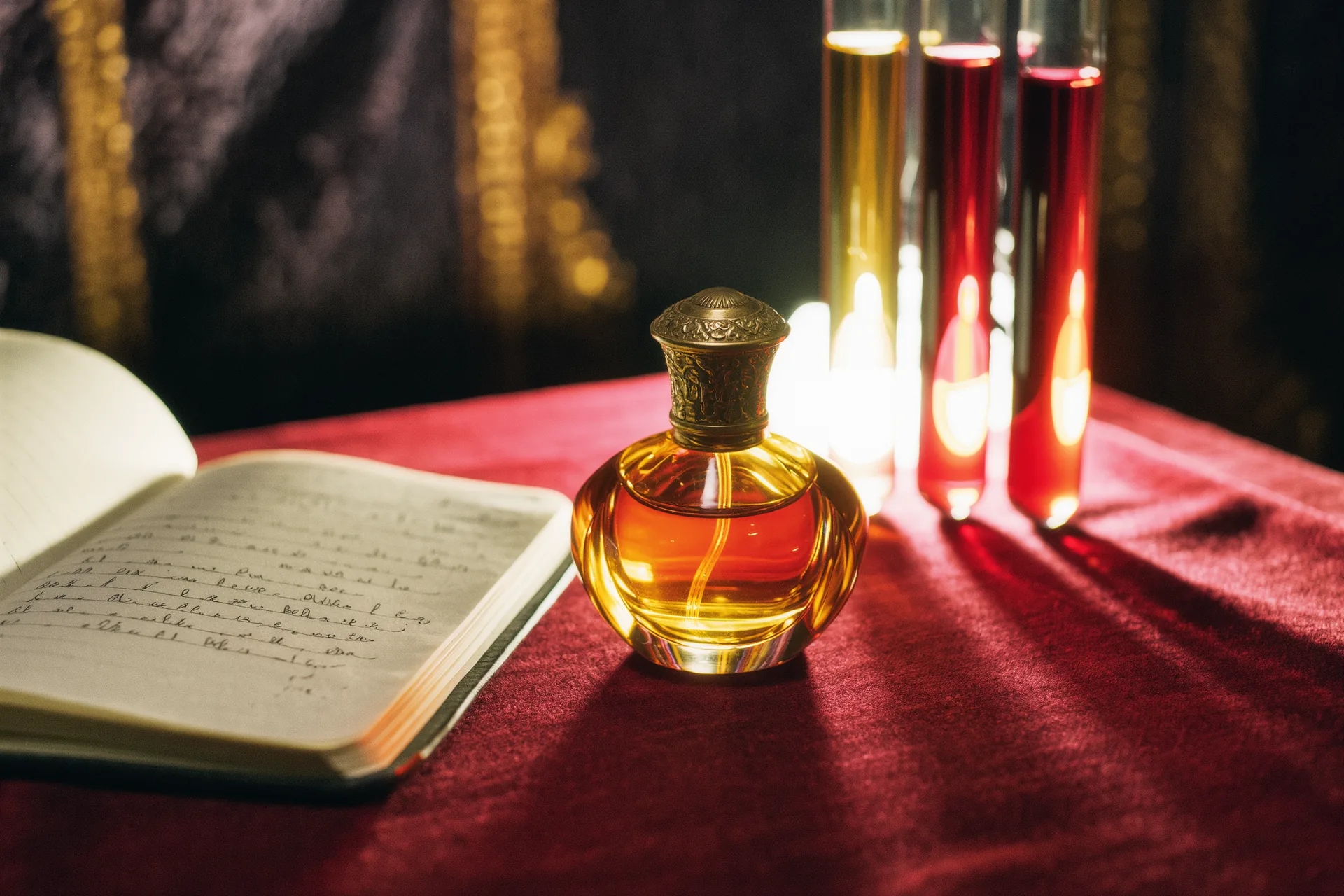 Flacon de parfum ambré posé près d'un carnet de formules et d'éprouvettes en verre.