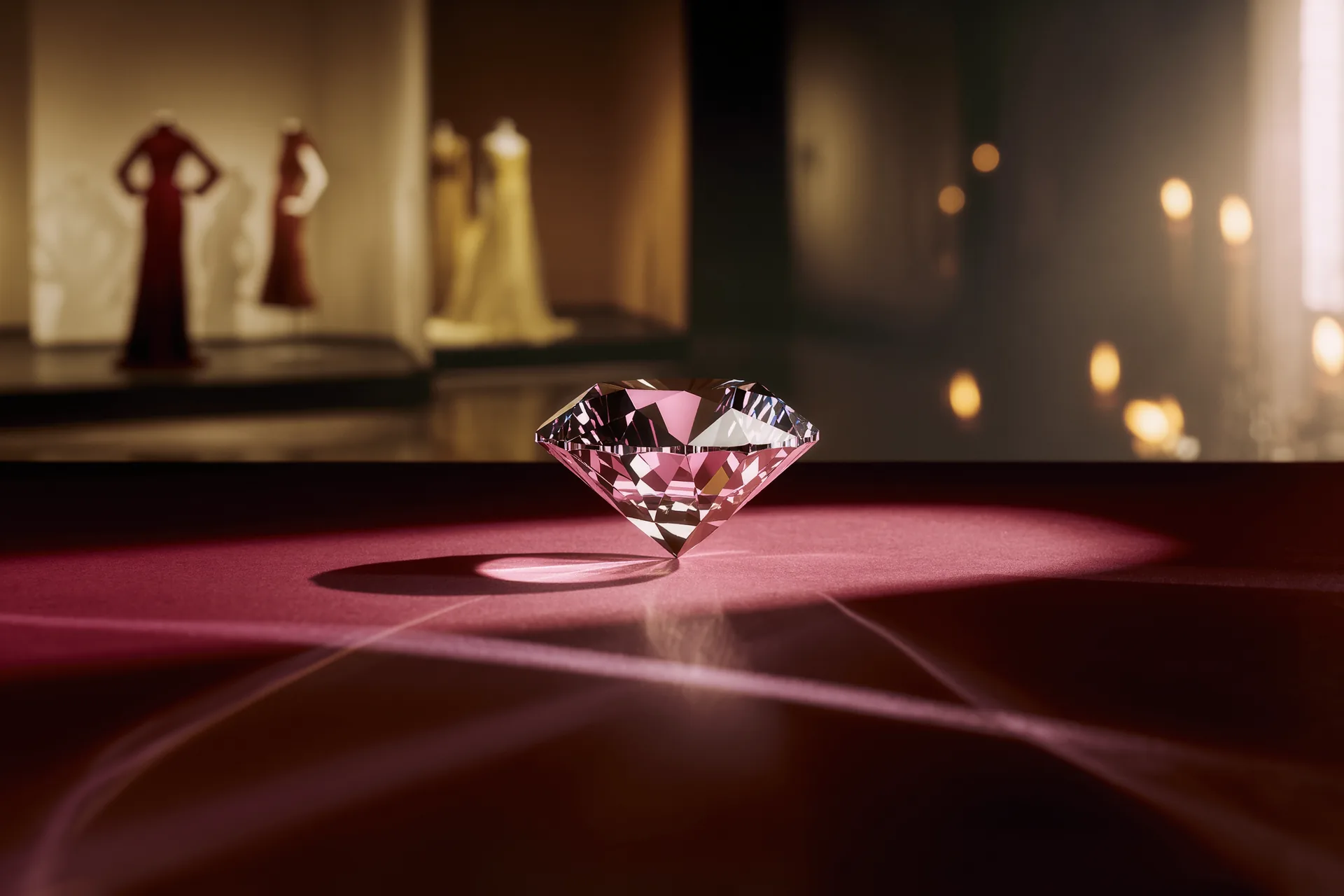 Diamant taillé isolé sur fond sombre, reflets de lumière dispersés en éventail