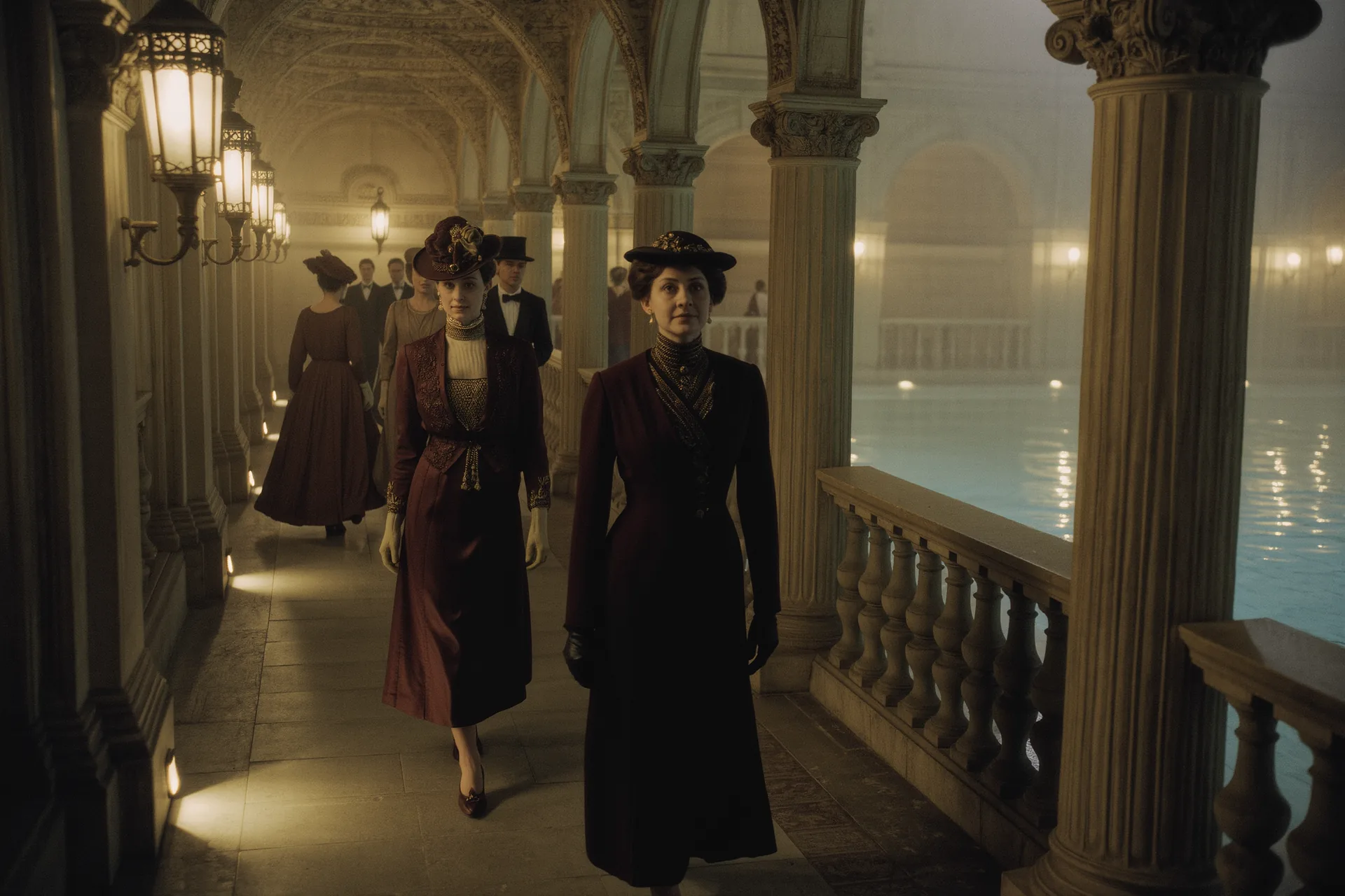 Colonnade thermale Belle Époque au bord d'une source, promeneurs élégants sous les arcades.
