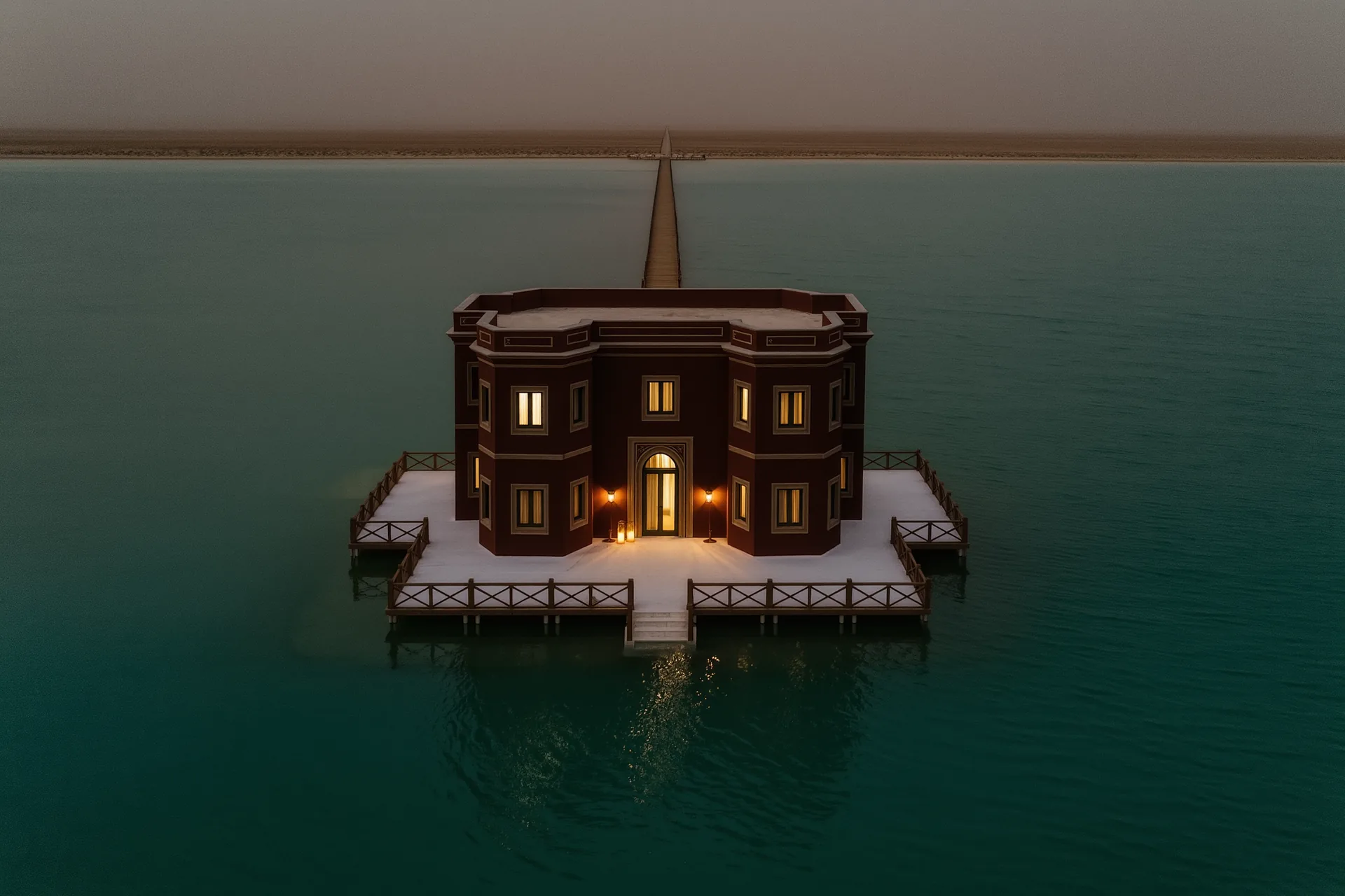 Villa isolée en bord de lagon turquoise, ponton de bois s'avançant vers l'horizon désert