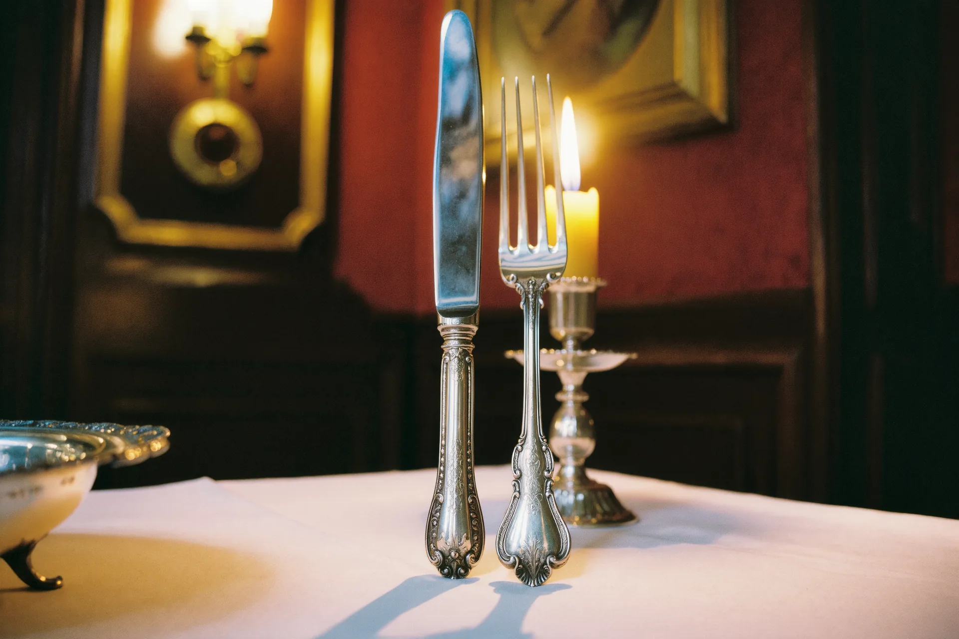 Couverts en argent ancien posés sur une nappe blanche, poinçons visibles sous la lumière