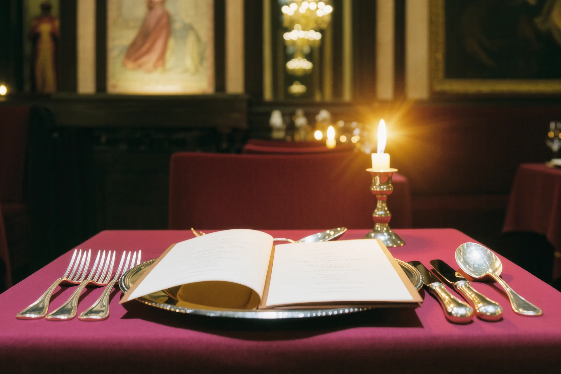 Table gastronomique dressée en argenterie, entre assiette unique et carte ouverte sur la nappe