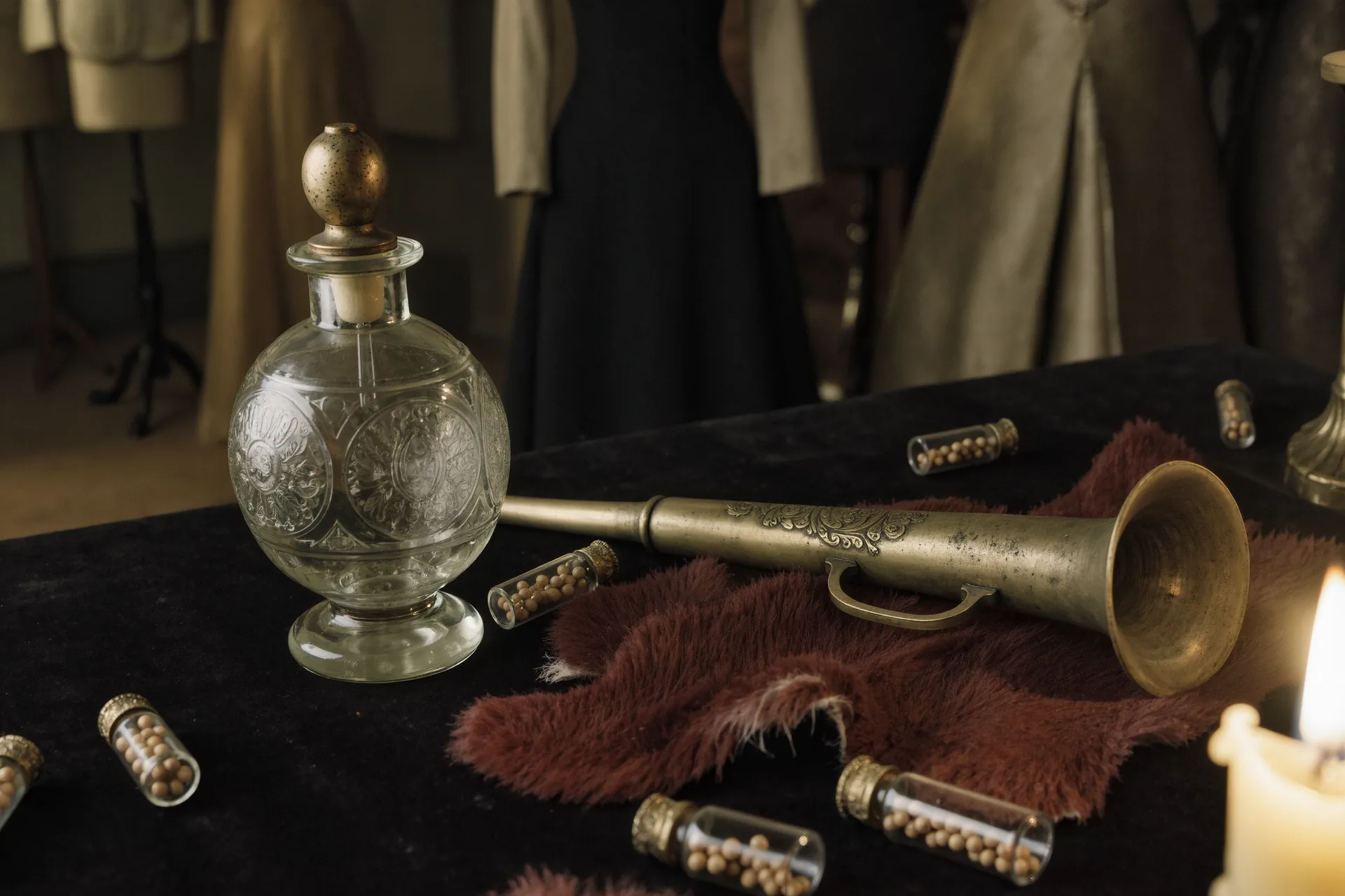 Flacon ancien et pipette de laboratoire, entre matière brute animale et molécule de synthèse