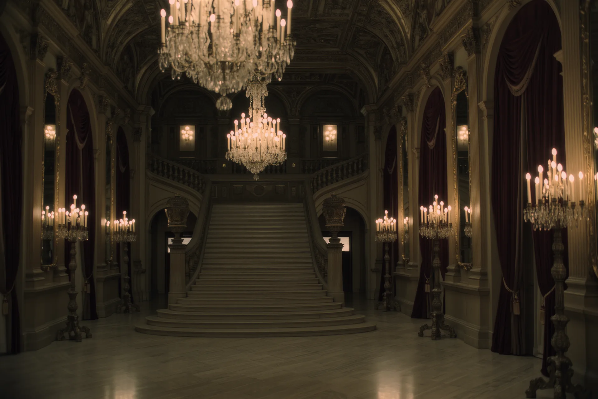 Hall d'un palace du XIXe siècle avec escalier monumental et lustres en cristal