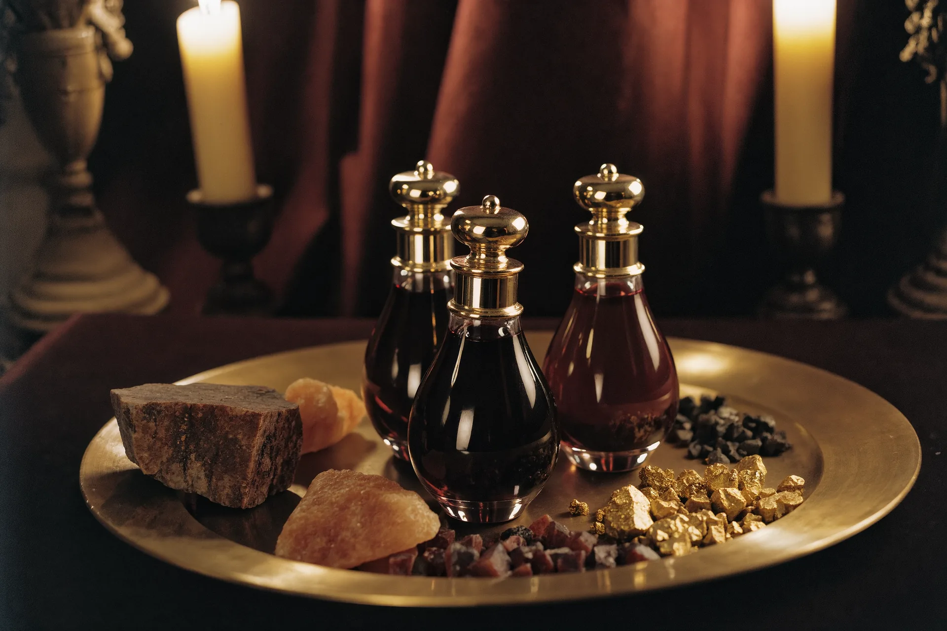 Flacons de parfum de niche sur un plateau de laiton, matières premières brutes autour