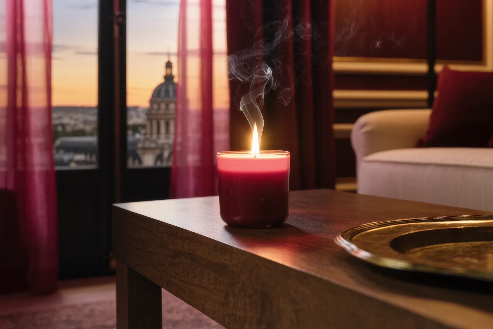 Bougie parfumée allumée sur une console en bois dans un salon feutré au crépuscule