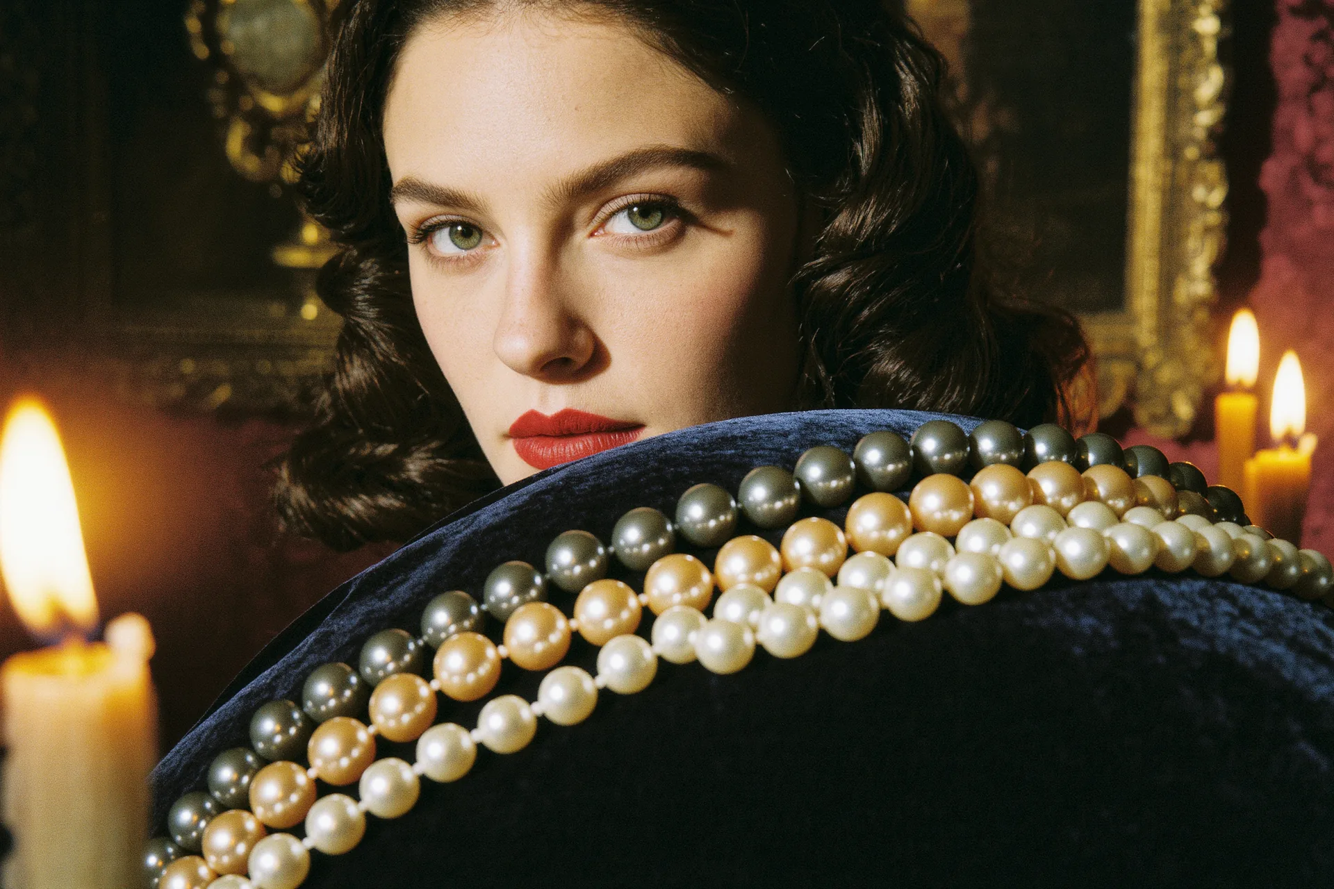 Rangs de perles de culture aux teintes blanches, grises et dorées sur velours sombre.