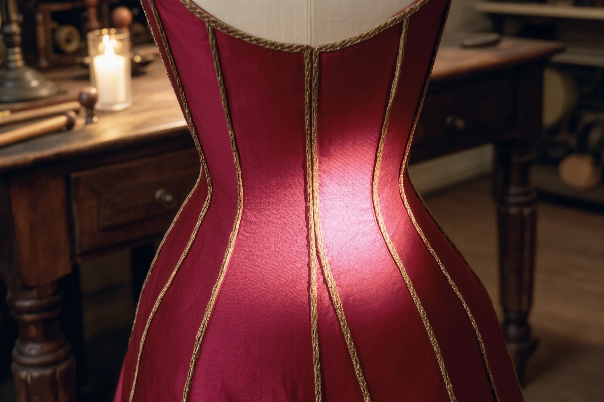 Gros plan sur une couture intérieure de haute couture, fils de bâti et parement apparents