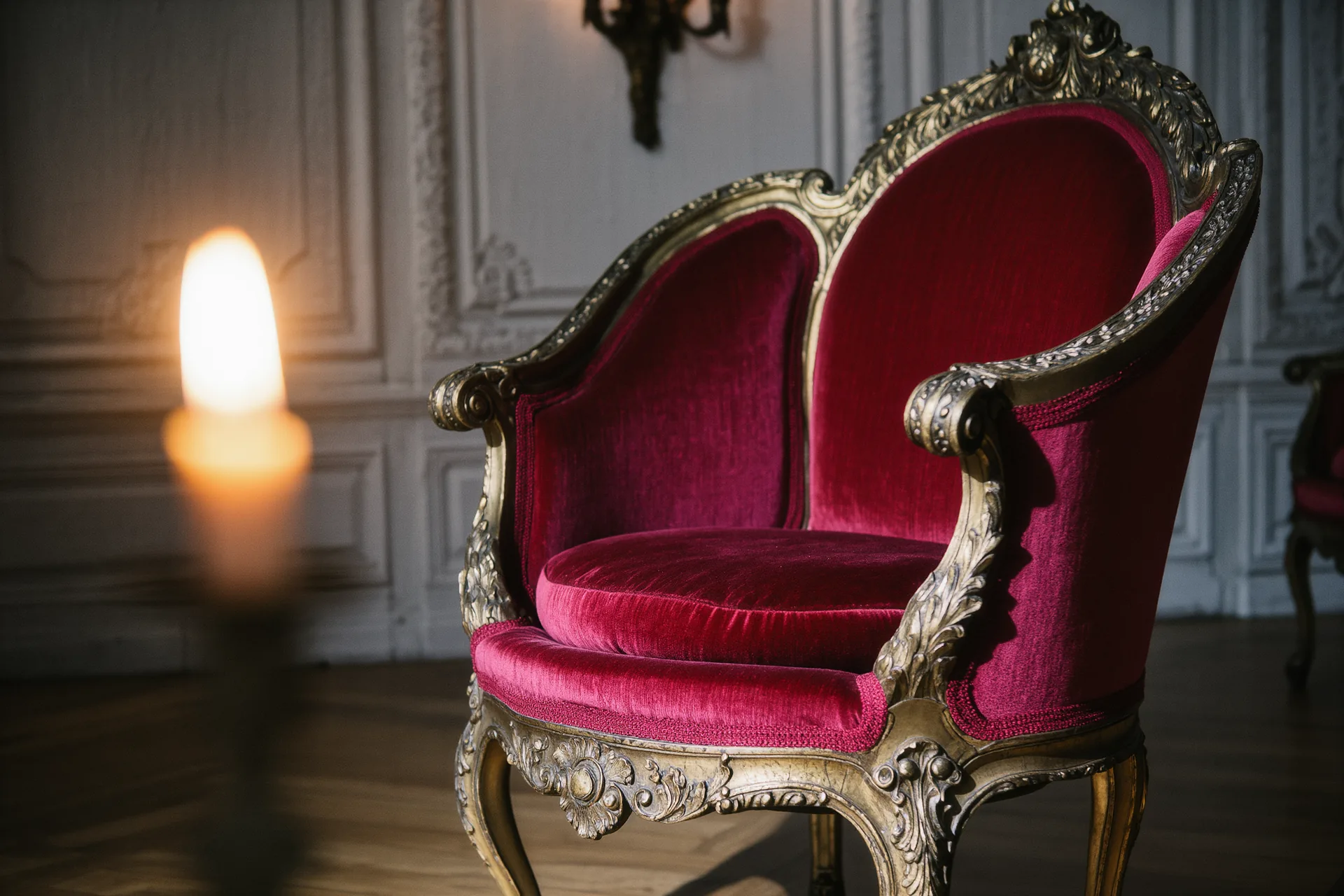 Détail d'un fauteuil ancien en bois sculpté, bronze doré et tissu damassé, lumière douce d'atelier