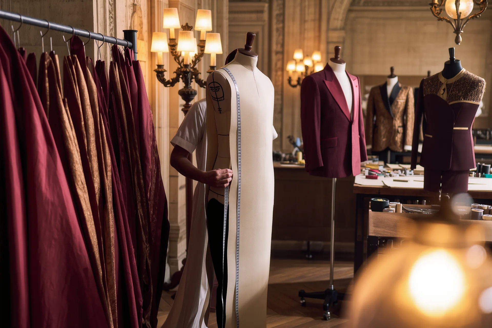 Atelier de couturier avec tissus drapés, mètre-ruban et vêtement en cours d'ajustement