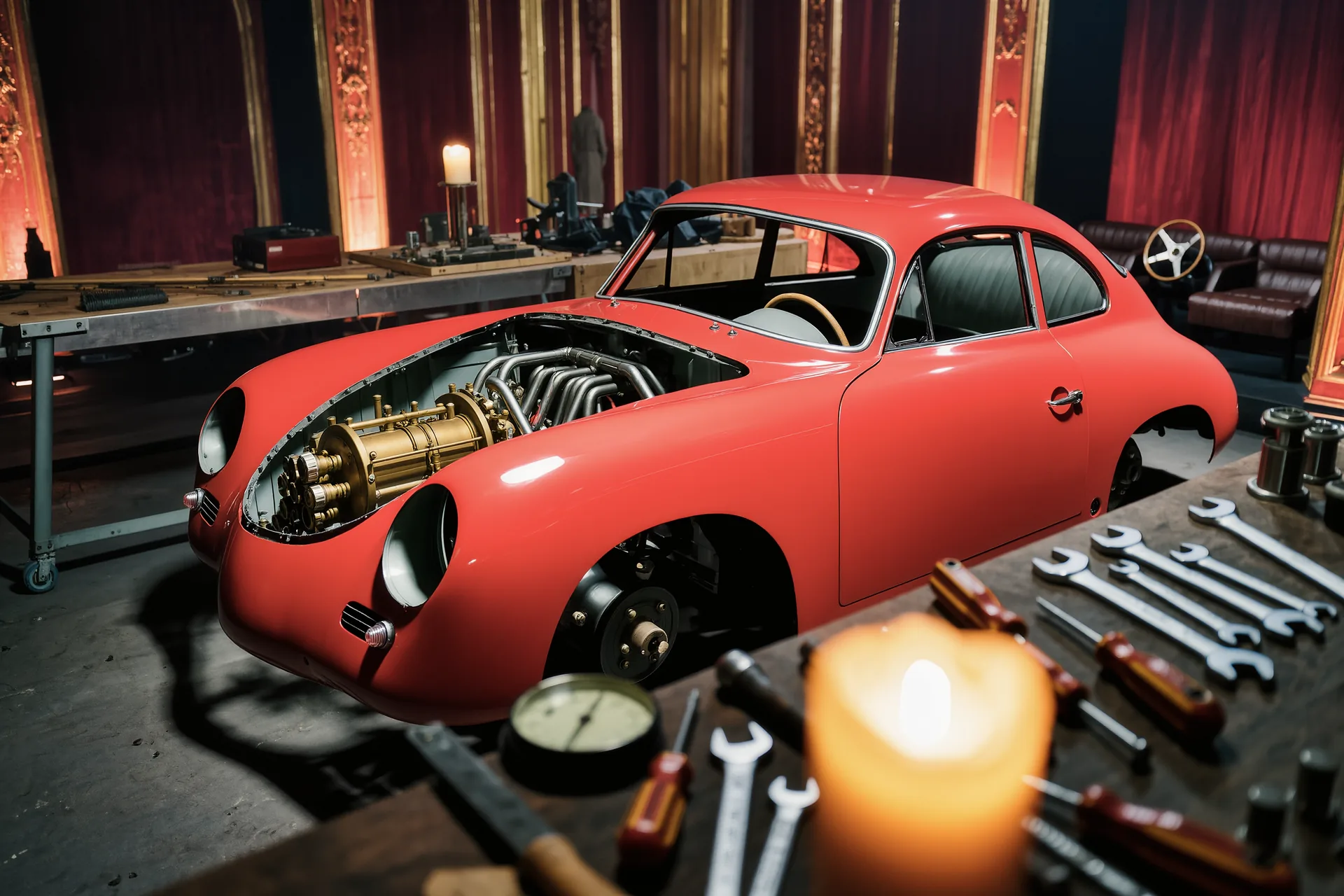 Coupé ancien à mi-restauration, carrosserie d'origine exposée aux côtés de pièces mécaniques modernes