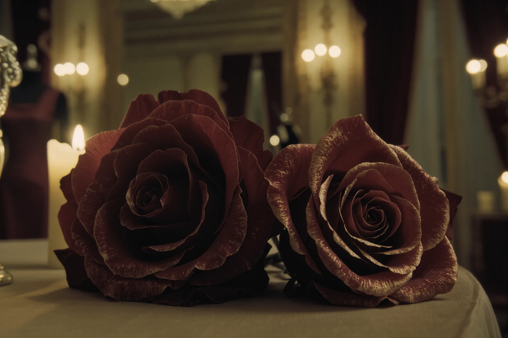 Pétales de rose centifolia et de rose de Damas côte à côte sur fond neutre
