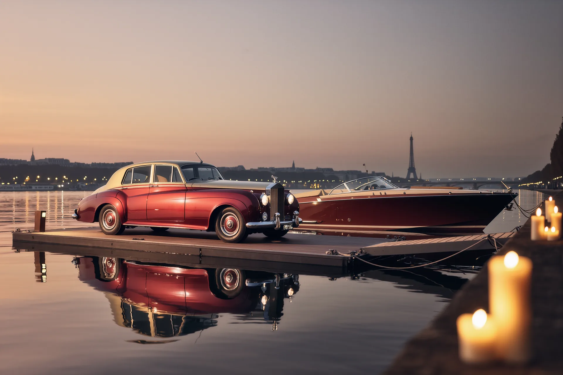 Voiture de collection et yacht classique réunis sur un ponton privé au crépuscule