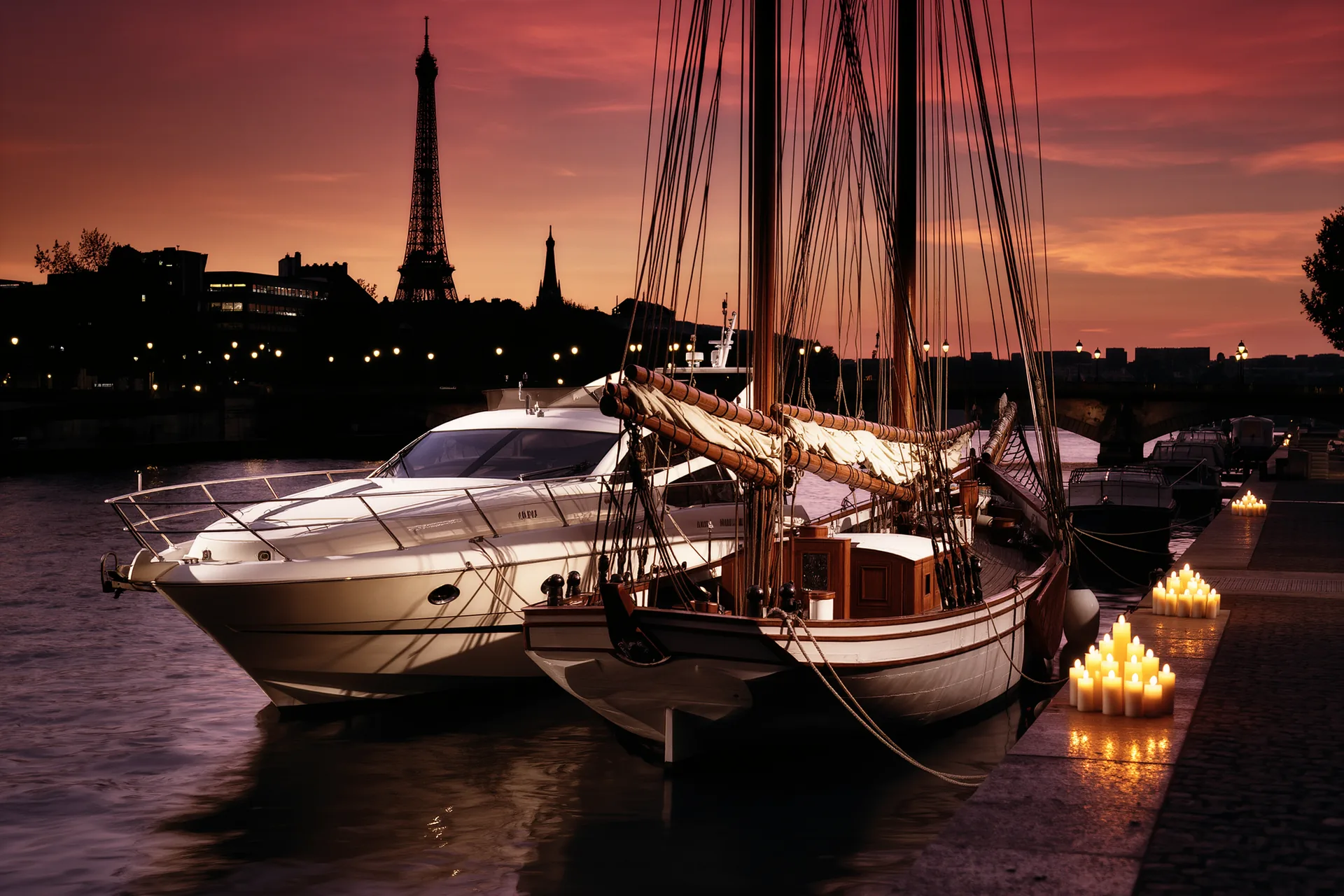 Voilier classique et motoryacht moderne amarrés côte à côte dans une marina au crépuscule