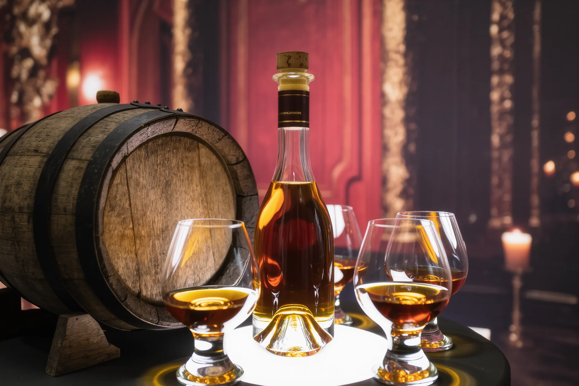 Bouteille de cognac ambré entourée de verres et d'un vieux fût de chêne